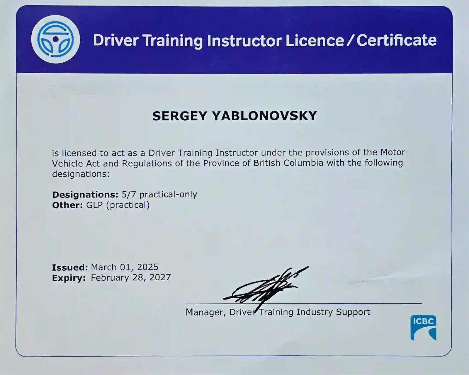 Driver Training Instructor Licence for Sergey Yablonovsky, valid through February 28 2027