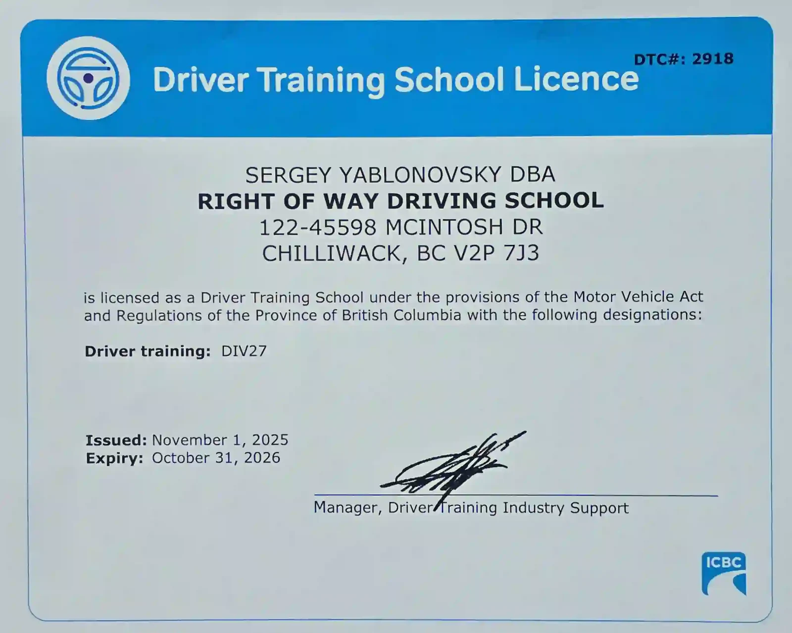Driver Training School Licence DTC# 2918, valid through October 31 2026